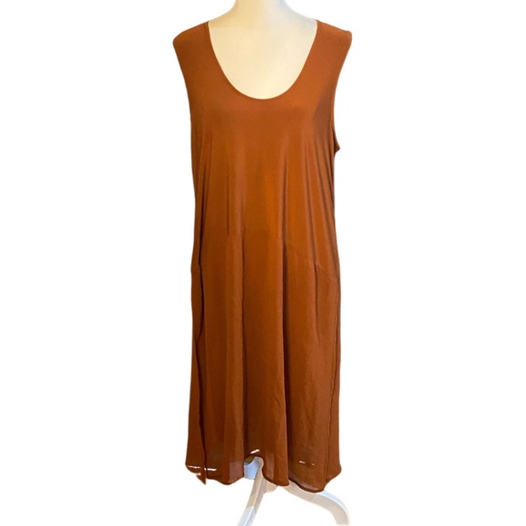 DKNY Rust Orange Brown Camel Sleeveless Dress with Overlay. Size L. - Picture 1 of 14